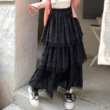 Ifomt White Black Long Skirt Women Crochet Lace Skirt 2023 Goth Lolita Summer High Waisted High Low Ruched Ruffle Pleated Skirts rok