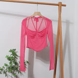 IFOMT Women Square Neck Tie Halter Mesh See Through Long Sleeve T-shirt Sexy Lce Up Slim Fit Short Slit Cuff Top PartyClub Streetwear