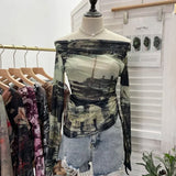 IFOMT See Through Retro Graffiti Print One Shoulder Mesh Long Sleeve Layered Shirt  For Women Drawstring Slim Fit Tshirt Y2K Top 8959