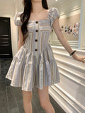 IFOMT Spring Outfit Korean style Summer New Female Clothing Elegant Dresses Striped Single Breasted Short Sleeve Square Collar Women Slim Dress