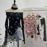 IFOMT Women's Retro Pink Butterfly Halter Distressed Distressed Long Sleeve T-Shirt Hot Girl Skew Collar One-Line Collar Slim Fit Top