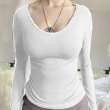 IFOMT Women Y2k Chic Long Sleeve Bow Shirt Top Cute Lace Trim Solid Square Neck Crop Tee Top Slim Fit Pullovers Tops Grunge Streetwear