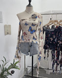 IFOMT Chic Retro Tie-Dye Slanted Shoulder Irregular Trumpet Long Sleeve T-Shirt For Women  Sexy Mesh Flower Ribbon Top Elegant Outfits