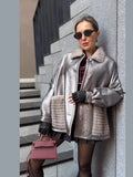IFOMT Shiny Sliver Fur Leather Patchwork Short Coats Women Fashion Lapel Single Breasted Pocket Jacket 2024 New High Street Outwear