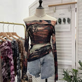 IFOMT See Through Retro Graffiti Print One Shoulder Mesh Long Sleeve Layered Shirt  For Women Drawstring Slim Fit Tshirt Y2K Top 8959