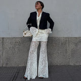 IFOMT Women's Lace Long Pant Sets Sexy See Through Slim Cardigan Top High Waist Trousers Female Fashion Matching Sets Autumn