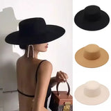 IFOMT New Women's Elegant Flat Headed Wide brimmed Felt Hat Flat Top Retro French Hepburn Style Women's Jazz Hat