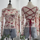 IFOMT Women Retro Printed Slim See Through Mesh Top With Contrasting Straps Backless Long Sleeve Bottoming Cropped Top Y2K Streetwear