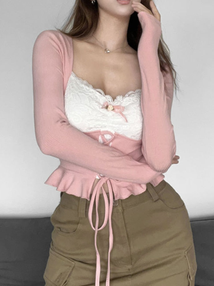 Y2k Pink Crop Top Women Sexy Lace Patchwork Square Collar T-shirt Female Korean Fashion Hotsweet Bandage Ruffle Slim Streetwear