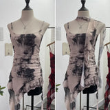IFOMT Women's Spaghetti Strap Mesh Top Irregular Ruffled Ribbon Camisole Vest Sexy Hot Girl Y2K Tie Dye Pleated Slim Tube Top Casual