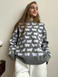 IFOMT O-Neck Alpaca Printed Sweater For Women Loose Casual Sweater Pullover Fashion Long Sleeve Retro Knitted Autumn Winter Top
