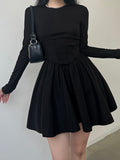 IFOMT Black Long Sleeve O Neck Pleated Dress