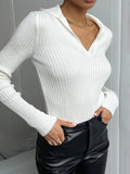 IFOMT Elegant Lapel Knitted Pollovers For Women Slim Striped Solid Color Polo Sweater Long Sleeve Female 2024 Autumn Fashion