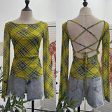 IFOMT Women Retro Printed Slim See Through Mesh Top With Contrasting Straps Backless Long Sleeve Bottoming Cropped Top Y2K Streetwear