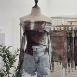 IFOMT Women Retro Tie Dye Abstract Print Front Double Layer Mesh Top One Shoulder Drawstring Pleated Long Sleeve Y2K Boat Neck Top2579