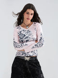 IFOMT Y2K Grunge T Shirt Women Aesthetics Graphic Tops Long Sleeve 2000s Vintage Harajuku Emo Tees Grunge Clothes Streetwear