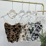 IFOMT Women Retro Tie Dye Printed Spaghetti Strap Camisole Sexy Mesh Pleated Short Tube Top With Breast Pads Sleeveless Casual Y2K Top