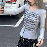 IFOMT American Retro Letter Print Thin Cardigan Y2k E-Girl O-neck Single Breasted Tops Women 2024 New Long Sleeve Gray Sweaters