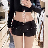 IFOMT Retro Sexy Low Waisted Hot Pants 2024 Summer New Belt Straight Denim Shorts Y2k E-Girl Slim Fit Rivets Black Ropa Mujer