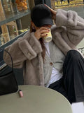 IFOMT Women Fashion Grey Faux Fur Lapel Warm Jackets Oversized Long Sleeve Crop Warm Coat 2024 New Winter Lady Thickened Outerwear