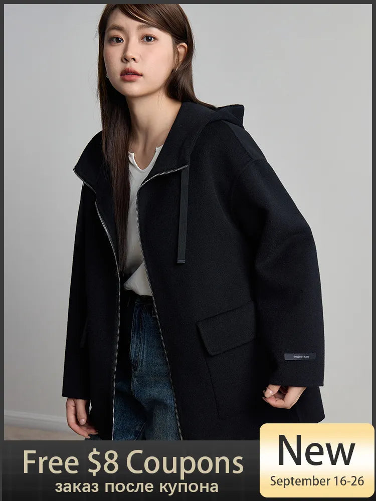 Ifomt Simple Sense Casual Style Hooded Woolen Coat for Women 2023 Winter New Loose Sense All-match Full Wool Coat Female
