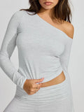 IFOMT Women Long Sleeve Slim Crop Tops Autumn Clothes y2k Sexy Solid Slash Neck One Shoulder Asymmetrical T-shirt Streetwear Basic