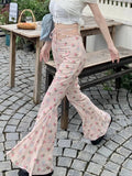 IFOMT Sweet Floral Print Casual Pants for Women Sumemr Slim Fit Ruffles Flare  Y2k E-Girl High Waist Loose Wide Leg