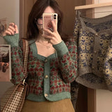 IFOMT Vintage All-match Flower Print Knitted Cardigan 2024 Early Autumn New Tops Mujer Y2k E-Girl Slim Fit Long Sleeve Coat Women