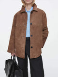 IFOMT Fashion Brown Single Breasted Short Jacket Women Lapel Long Sleeve Loose Coats With Pockets 2024 Autumn Lady Casual Outerwear