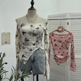 IFOMT Women's Retro Pink Butterfly Halter Distressed Distressed Long Sleeve T-Shirt Hot Girl Skew Collar One-Line Collar Slim Fit Top