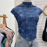 IFOMT Women's Retro Tie Dye Printed Mesh Short Sleeve T-Shirt Chic Sexy Folded Irregular Hot Girl Navel-Baring Vest Top 8721 Outfits
