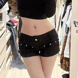 IFOMT Retro Sexy Low Waisted Hot Pants 2024 Summer New Belt Straight Denim Shorts Y2k E-Girl Slim Fit Rivets Black Ropa Mujer