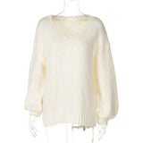 IFOMT Loose Big V Neck knitted Sweater For Women Casual Solid Color Pullovers Top Long Sleeve Hollow Top Autumn Winter New 2024