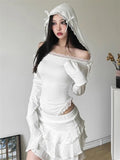 IFOMT Fashion Sexy Off Shoulder Lace White Bodysuit Y2k Hooded Long Sleeved T-shirt for Women 2024 Summer New Slim Fit Tops Mujer