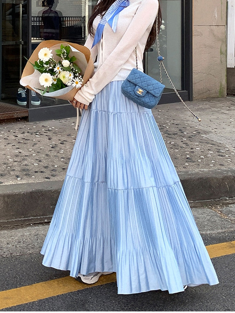 Pleated Maxi Skirt Women Korean Fashion Elegant Solid Color A Line Skirts Ladies Autumn Casual Loose Elastic Waist Long Skirt