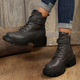 IFOMT  Belt Buckle Platform Combat Boots Women Chunky Heels Lace Up Ankle Boots Woman Side Zipper PU Leather Short Booties Plus Size 43