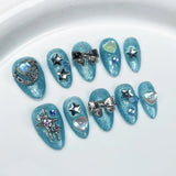 IFOMT 10Pc Handmade Press on Nails Short Flash Shell Fake Nails with Star 3D Design Aurora Cat Eye False Nail Full Cover Nail Art Tips