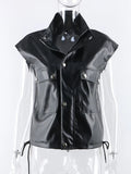 IFOMT PU Leather Vest Waistcoat Women Autumn Sleeveless Zipper Black Motorcycle Jacket 2022 Hot High Street Y2K Tops Vests