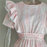 Ifomt 2023 Summer Short Sleeve Vocation Women White Mini Dress Holiday Lace Ruffled Dress Pink