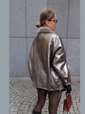IFOMT Shiny Sliver Fur Leather Patchwork Short Coats Women Fashion Lapel Single Breasted Pocket Jacket 2024 New High Street Outwear