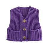 IFOMT Casual Solid Round Neck Knitted Vest Women's Elegant Sleeveless Single-breasted Pocket Vests 2024 Female Commuting Knitwear