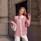 IFOMT Retro Lattice Color Block POLO Collar Knit Cardigan For Women Button Casual Loose Sweater Outwear 2024 New