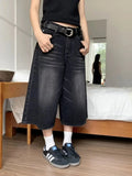 IFOMT 2024 Y2k Retro Women Low Rise Jorts Brushed Black Wash Cropped Baggy Jeans Wide Leg Frayed Denim Short Pants Acubi Fashion