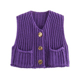 IFOMT Fashion Sleeveless Knitted Cardigan Vests For Women Autumn New Short Sweater Button With Pockets Solid Color Knitted Top