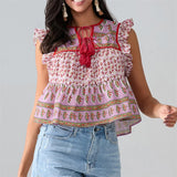 IFOMT Women Boho Tie Front Peplum Top Stripe Floral Print Flowy Fringe Sleeve Ruffle Crop Top Babydoll Blouse Tee Shirt Party Clubwear