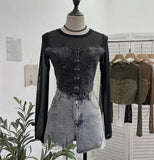 IFOMT Retro Raw Edge Denim Lace Up Pacthwork Mesh Long Sleeve Shirt Women Sexy See Through Top Y2k Shirt Holiday Club Streetwear 2638