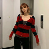 IFOMT Red Black Striped Cardigan Coat Women Waterproof Mink V-neck Knitted Tops Early Autumn Thin Long Sleeeve Sweaters Mujer