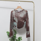 IFOMT Women's Sexy See Through Tie Dye Print Mesh Long Sleeve T-shirt Drawstring Lace Up Short Bell Sleeve Top Casual Streetwear 8929
