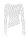 IFOMT Women's Lace Tops Slim See Through Boat Neck Long Sleeve Asymmetrical Shirt Casual Streetwear