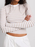 IFOMT Autumn Women Striped Long Sleeve Crop Top Casual Basic Tee Slim Fitted Crew Neck Pullover Tight Shirts Streetwear